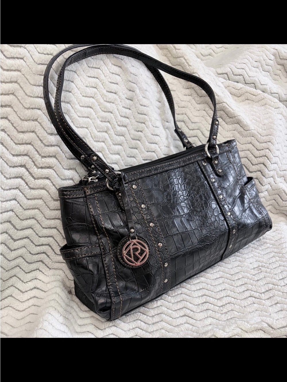 Relic Black Croc-Embossed Shoulder Tote with Stud Detail